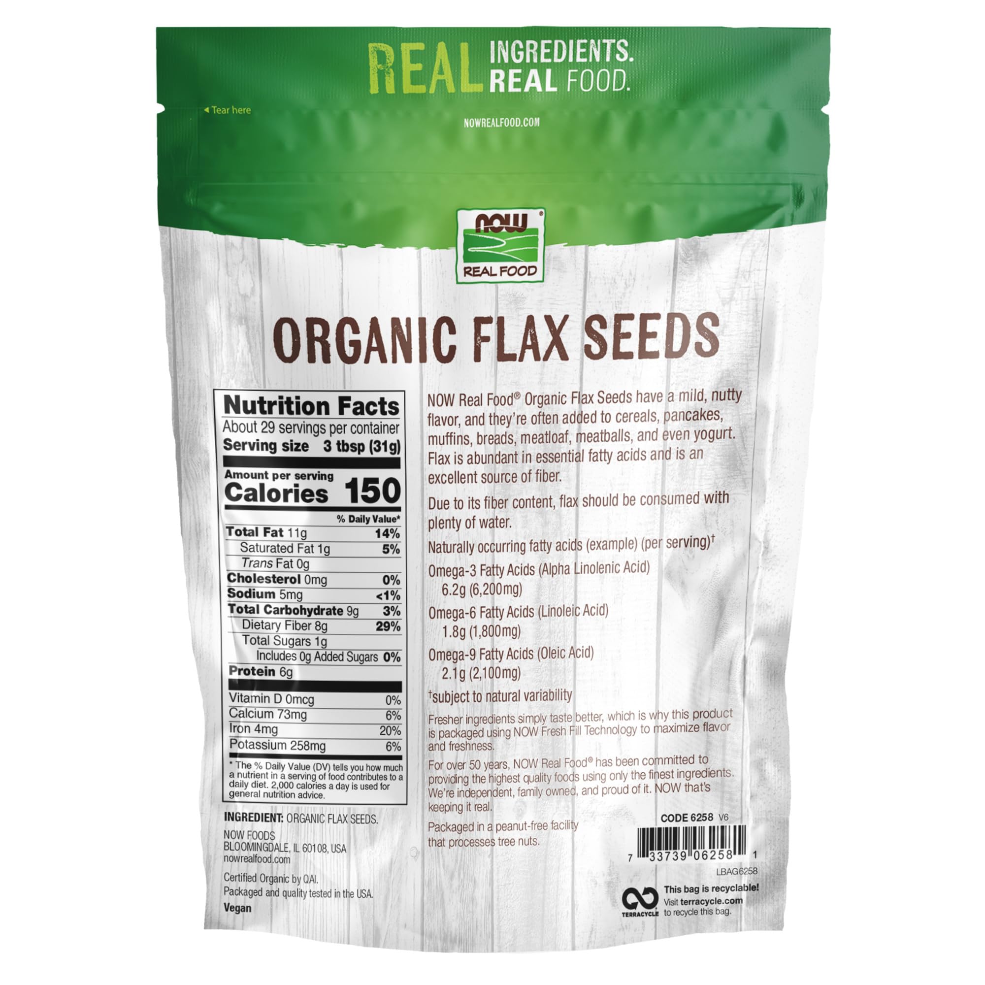 NOW Foods Organic Flax Seeds close-up texture, nutty aroma option.