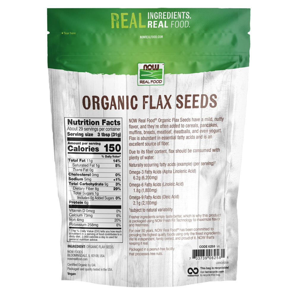 NOW Foods Organic Flax Seeds close-up texture, nutty aroma option.
