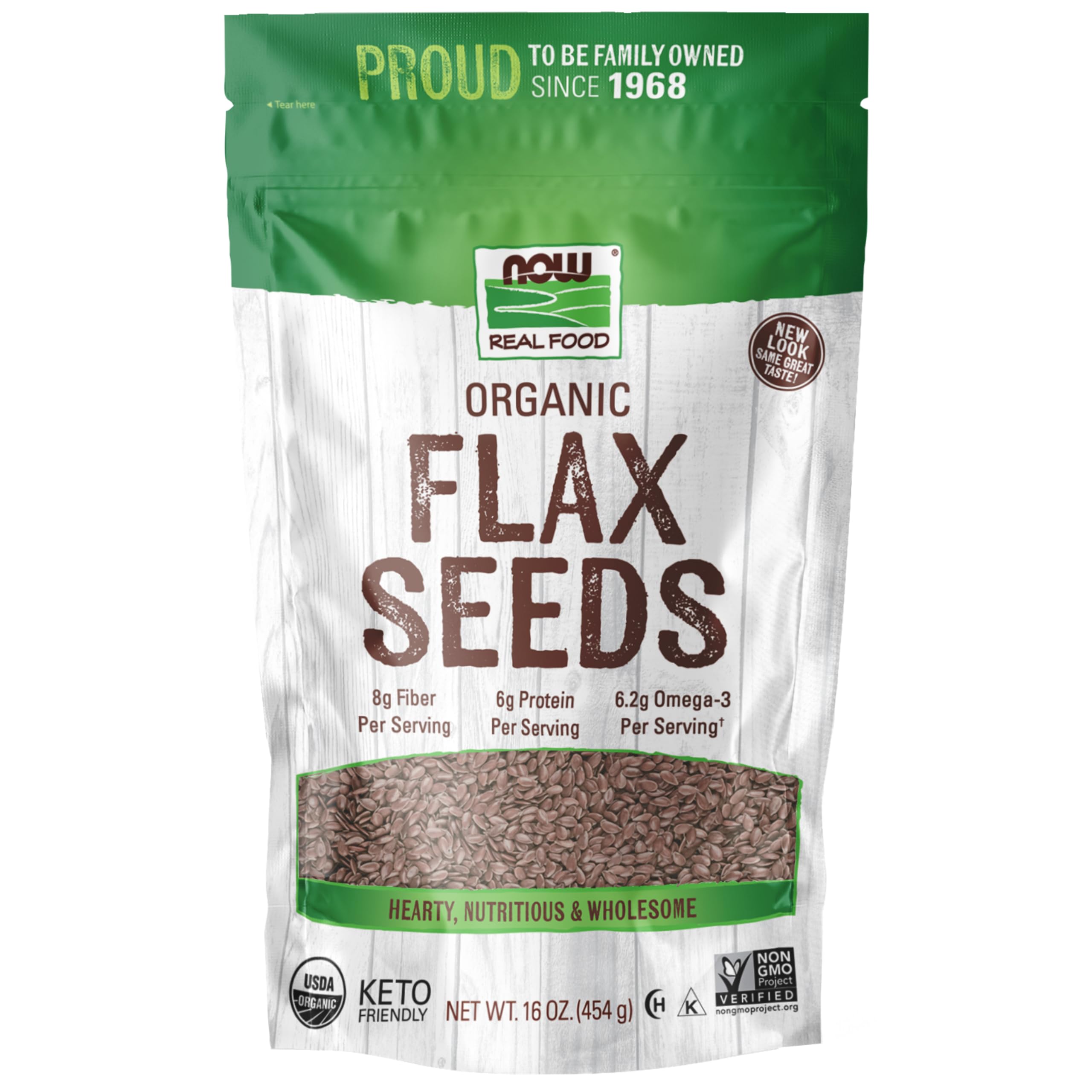NOW Foods Organic Flax Seeds in packaging highlighting fiber-rich nutrition for baking