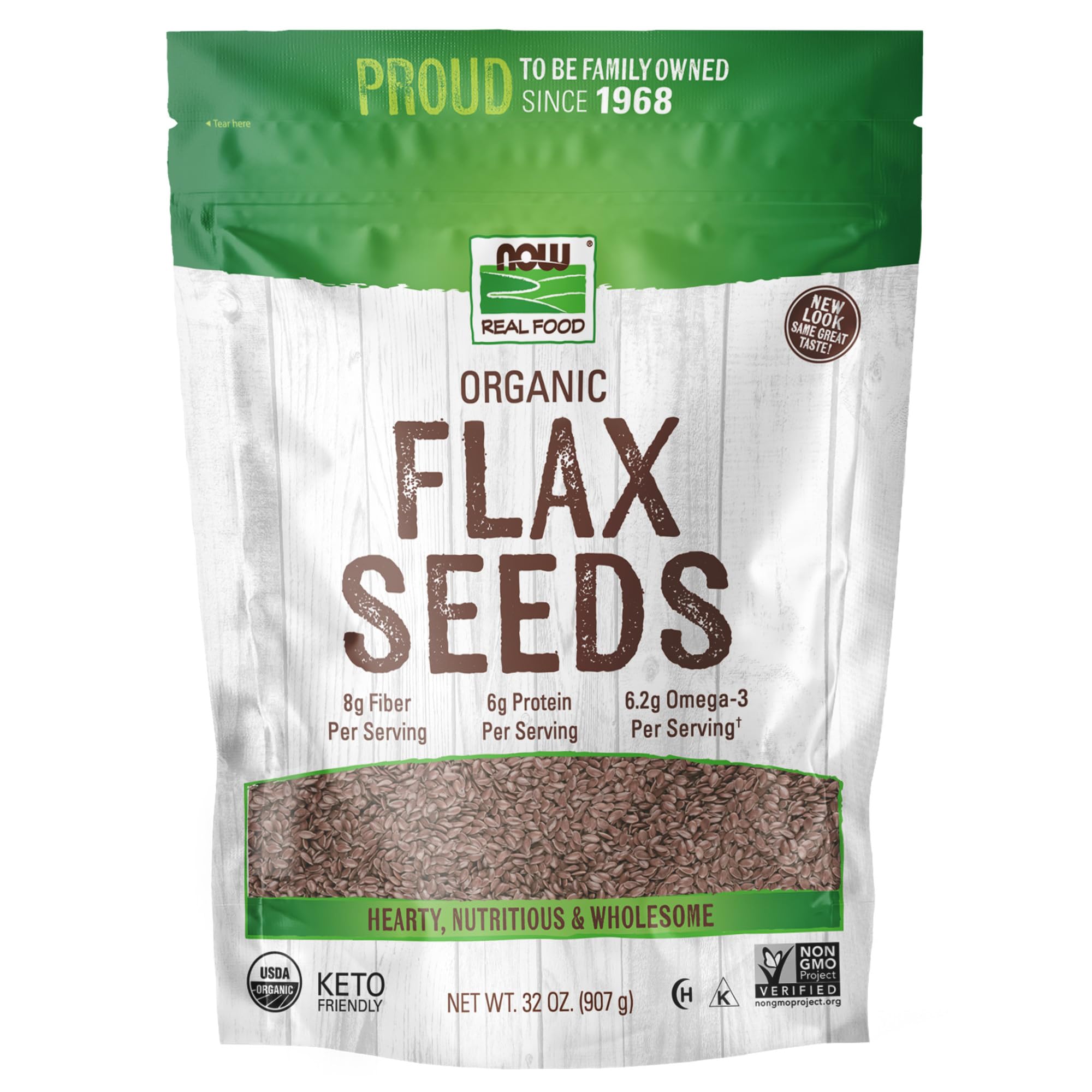 NOW Foods Organic Flax Seeds packaging on shelf, fiber and essential fatty acids.