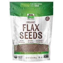 NOW Foods Organic Flax Seeds packaging on shelf, fiber and essential fatty acids.