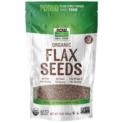 NOW Foods Organic Flax Seeds in packaging highlighting fiber-rich nutrition for baking