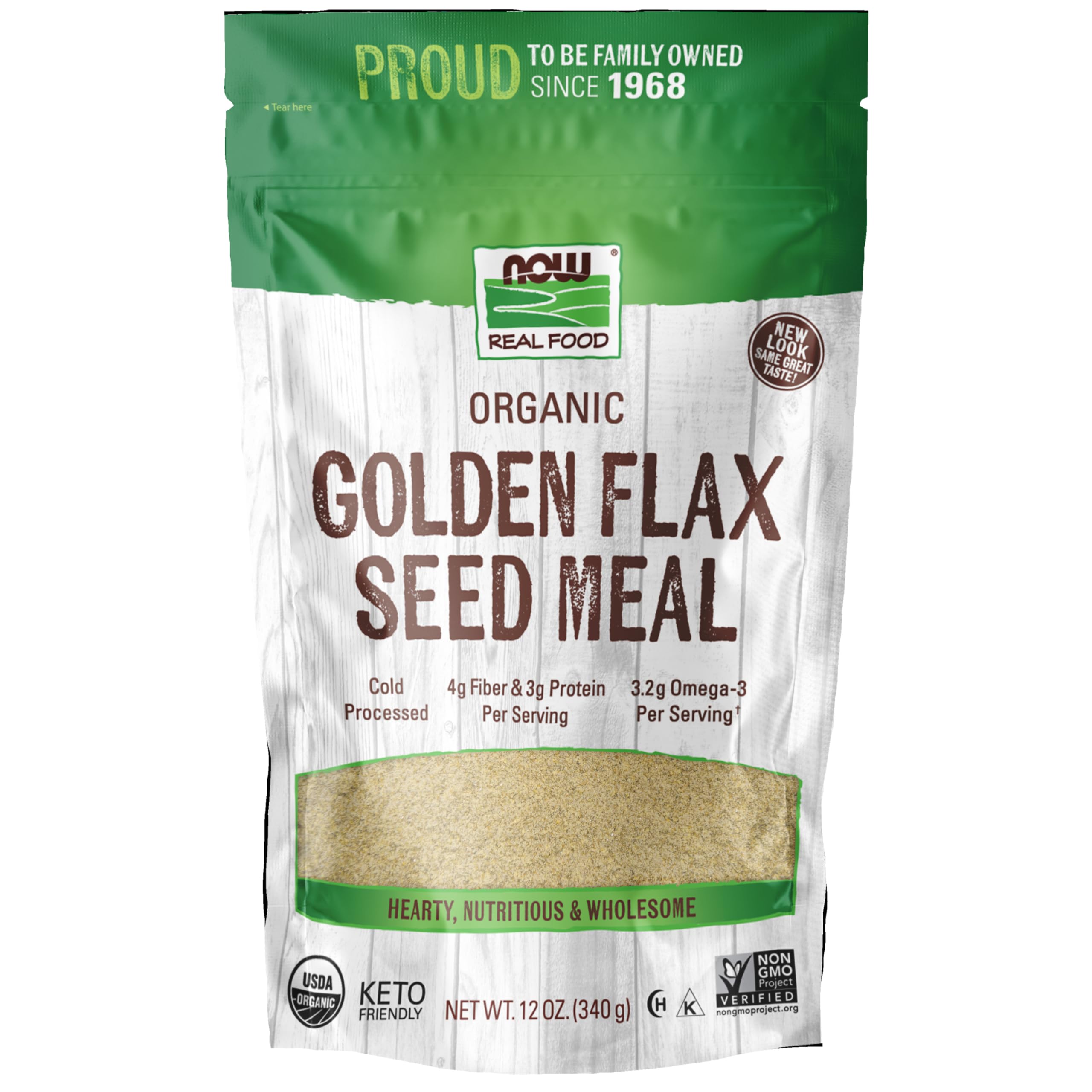 NOW Foods Organic Golden Flax Seed Meal packaging shown for baking and fiber.