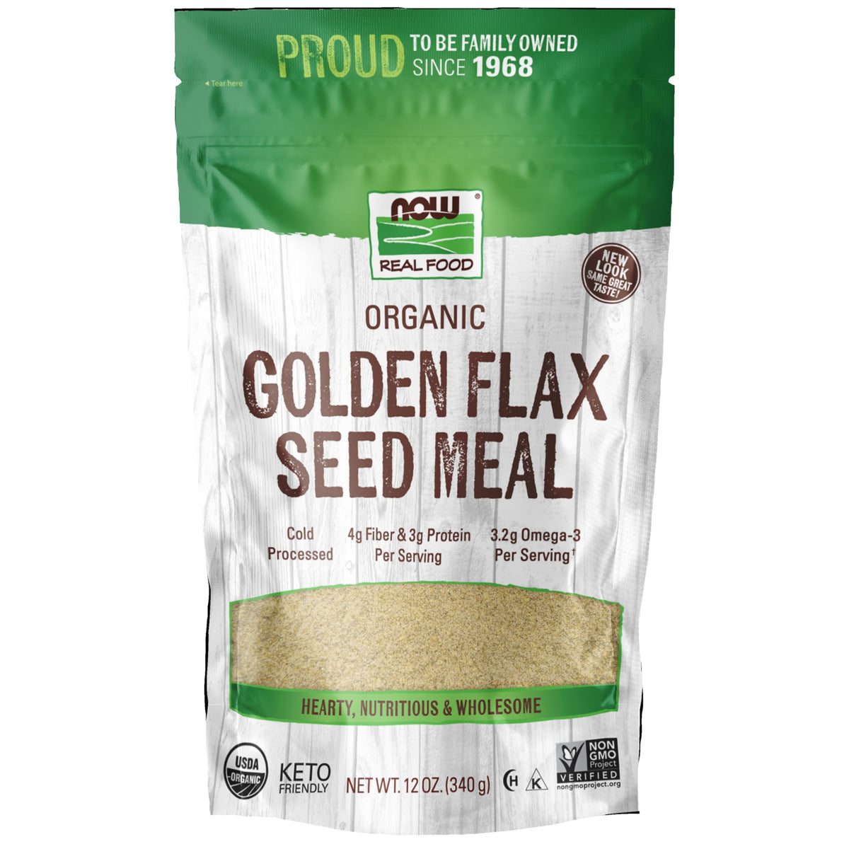 NOW Foods Organic Golden Flax Seed Meal packaging shown for baking and fiber.