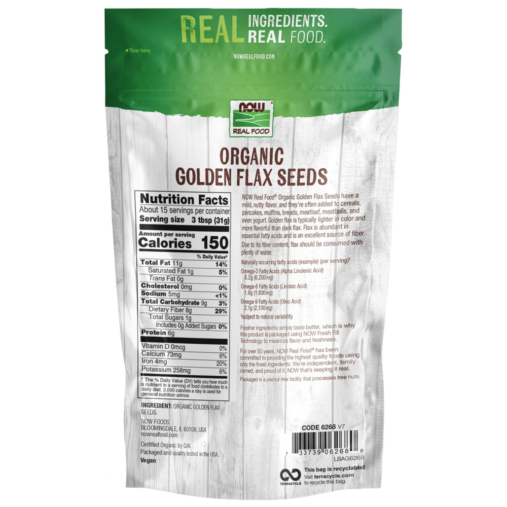 NOW Foods Organic Golden Flax Seeds bag on counter, ready for toppings and baking.