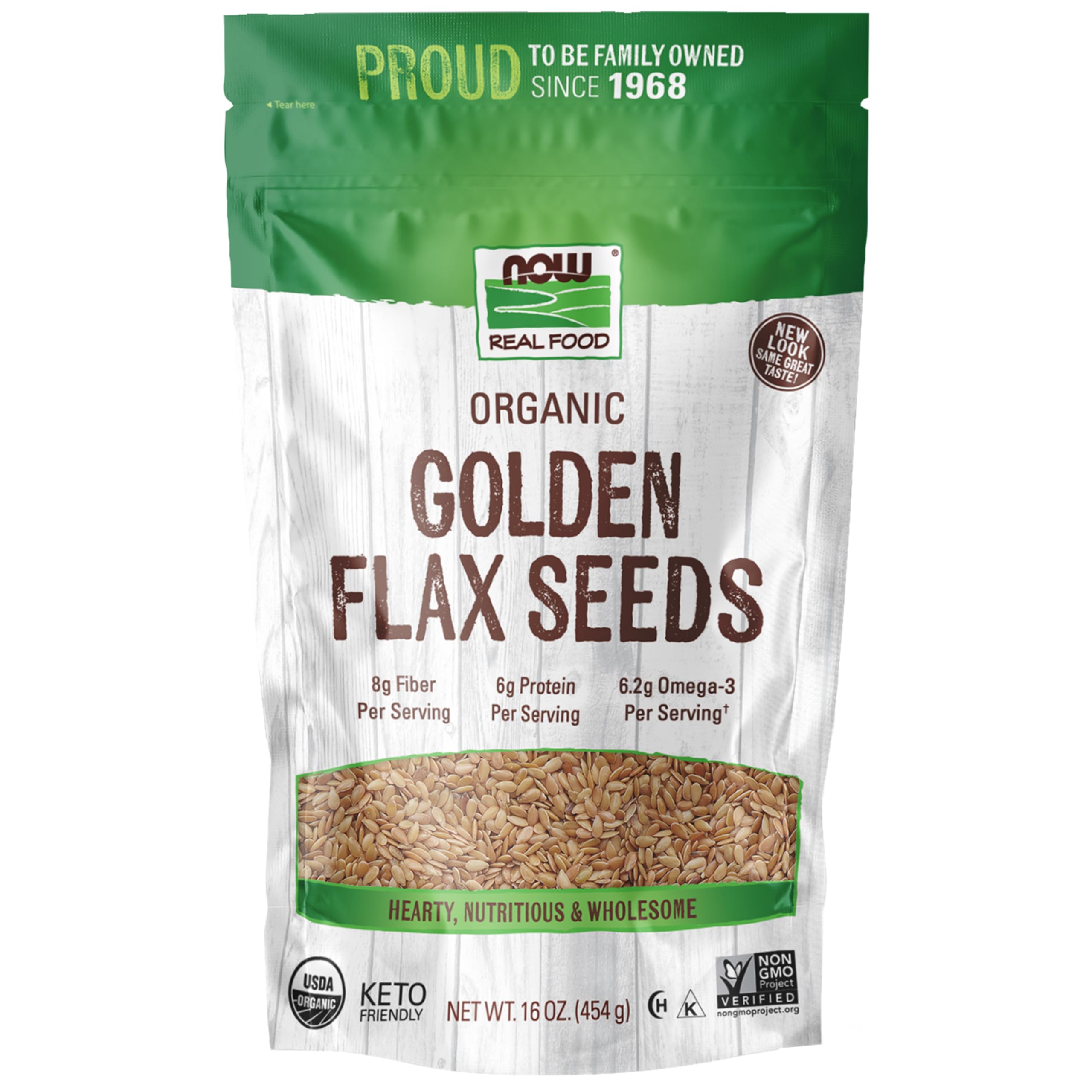 NOW Foods Organic Golden Flax Seeds in a bowl, fiber-rich and fatty-acid rich.