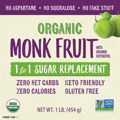 NOW Foods Organic Monk Fruit erythritol powder label highlights calories and keto compatibility.