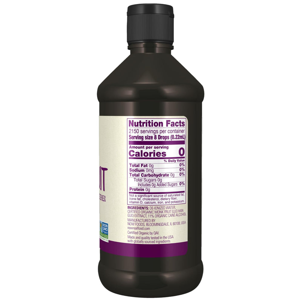 NOW Foods Organic Monk Fruit Liquid label highlights non-GMO and low glycemic sweetness