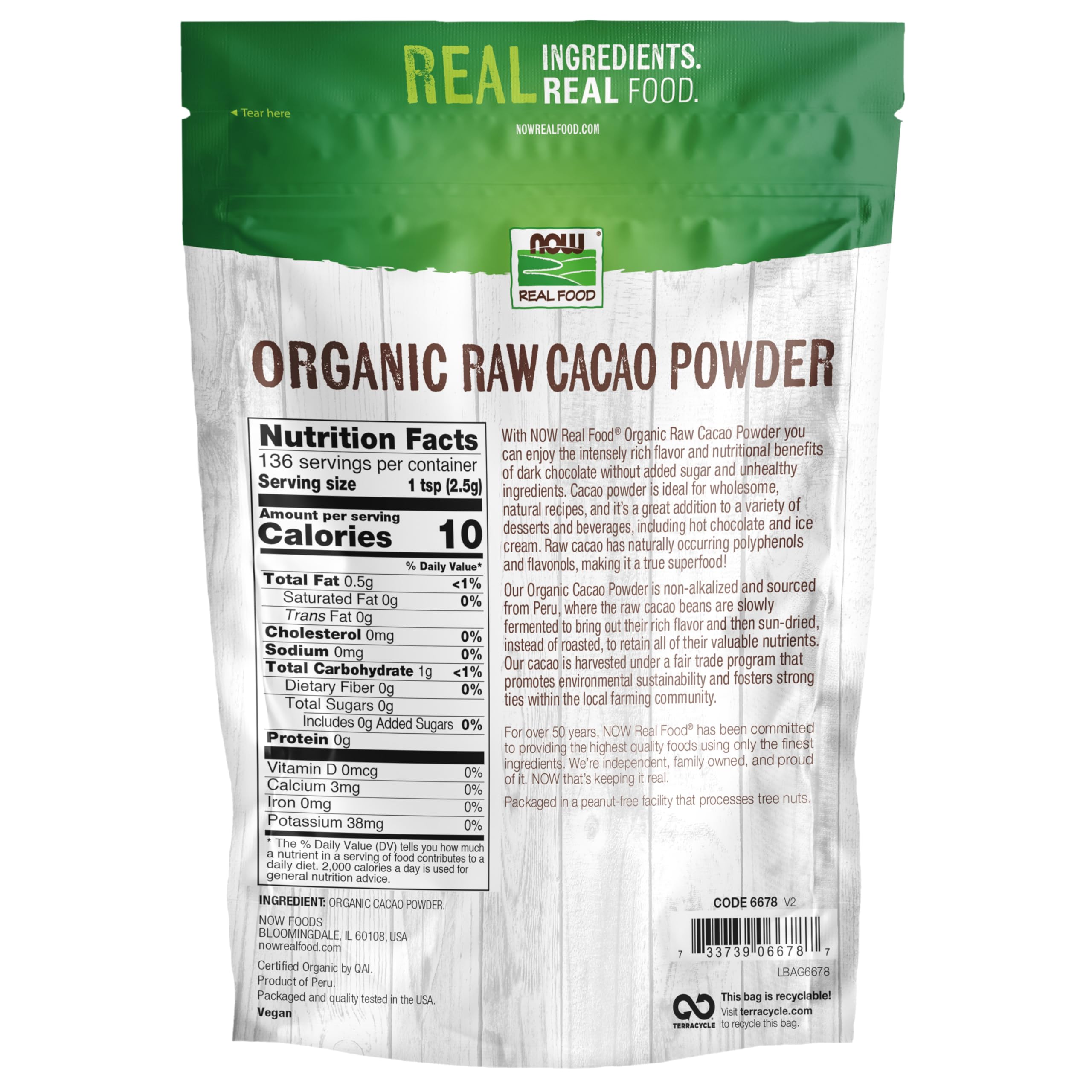 NOW Foods Organic Raw Cacao Powder fair-trade Peruvian farming supports communities and sustainable farming.
