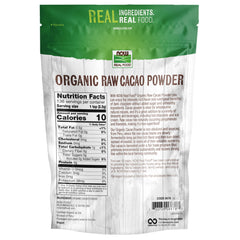 NOW Foods Organic Raw Cacao Powder fair-trade Peruvian farming supports communities and sustainable farming.