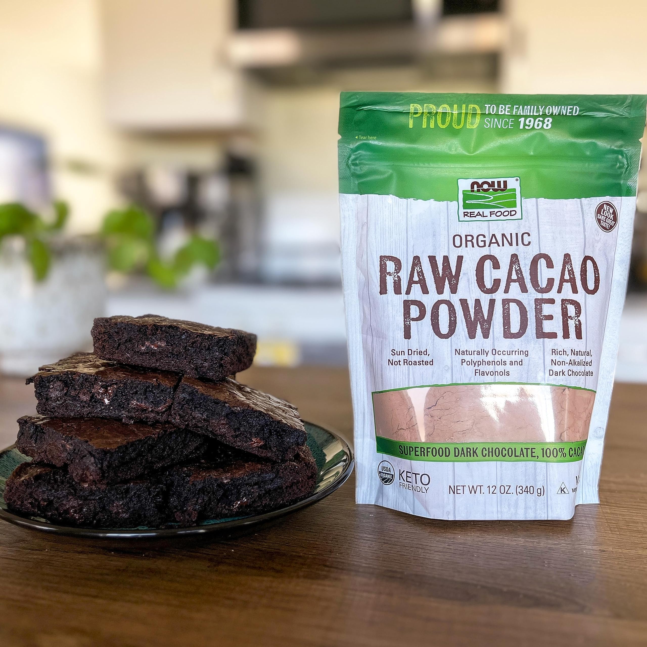 NOW Foods Organic Raw Cacao Powder intensely rich flavor suitable for desserts and beverages.