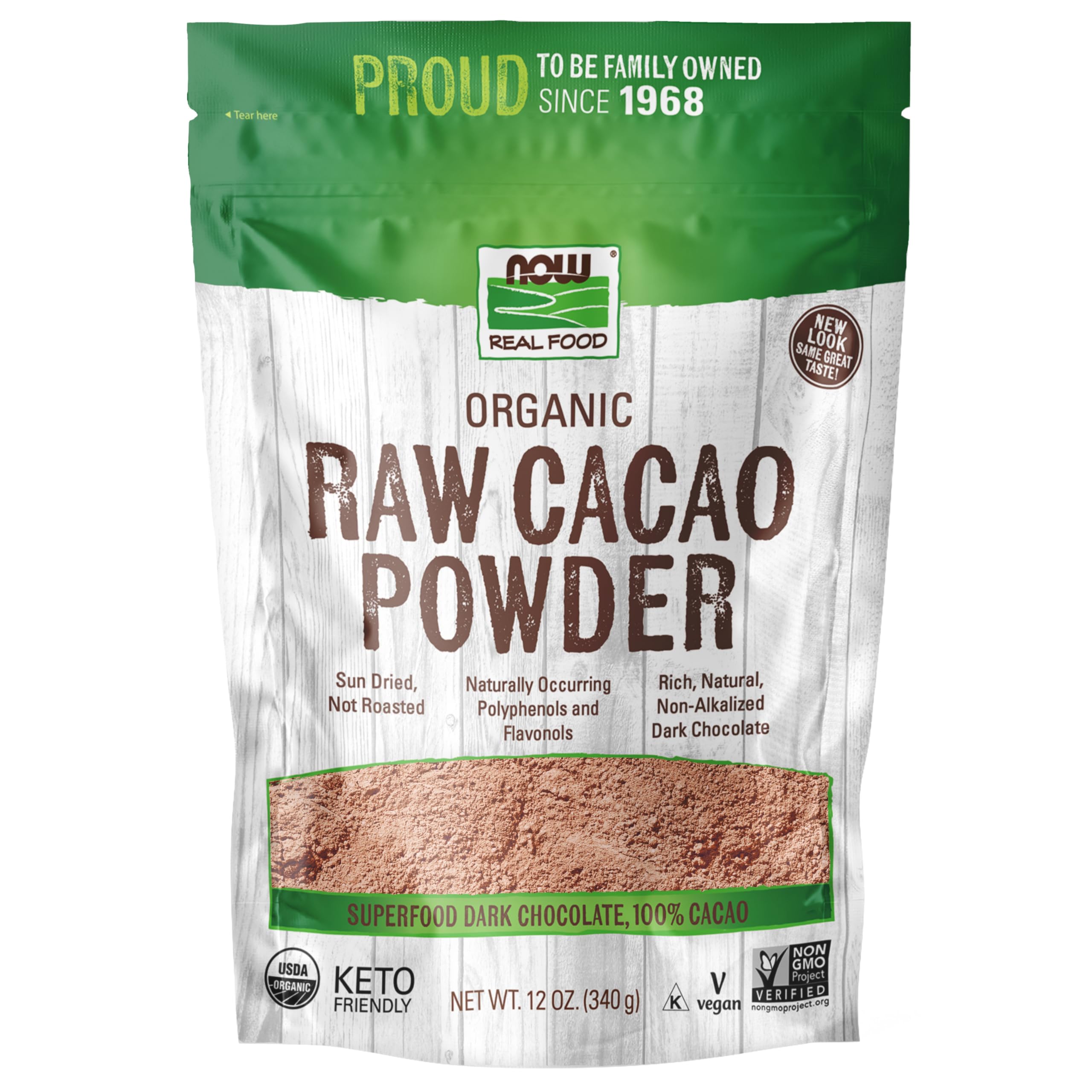 NOW Foods Organic Raw Cacao Powder sun-dried Peruvian beans for rich flavor and nutrient retention.