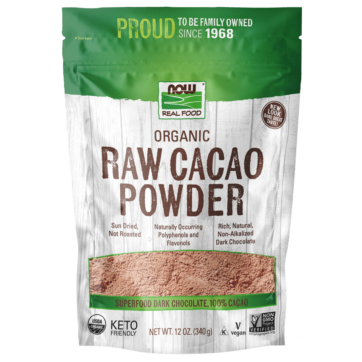 NOW Foods Organic Raw Cacao Powder sun-dried Peruvian beans for rich flavor and nutrient retention.