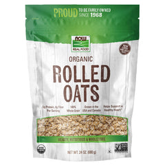 NOW Foods Organic Rolled Oats in a bowl ready for breakfast, high-fiber whole grain.