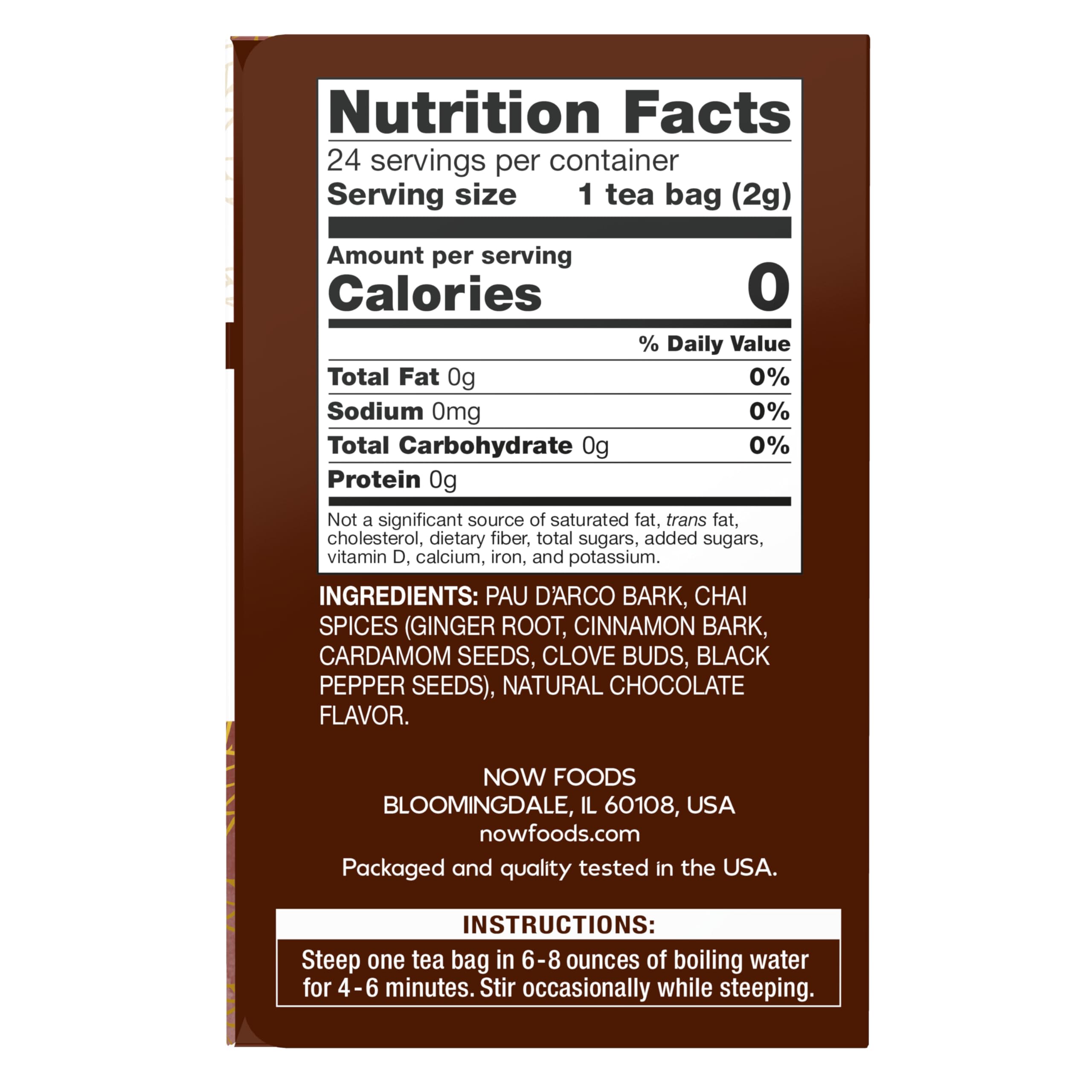 NOW Foods Pau D'Arco Tea steeping cup with aromatic chai blend