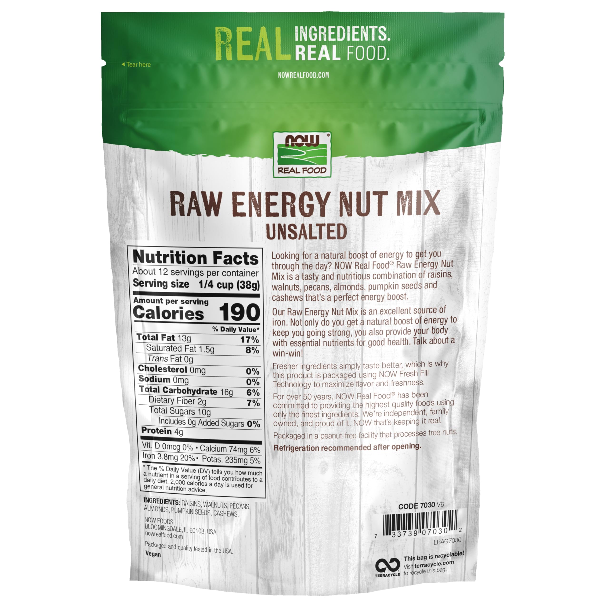 NOW Foods Raw Energy Nut Mix with walnuts, crunchy texture for steady energy between meals