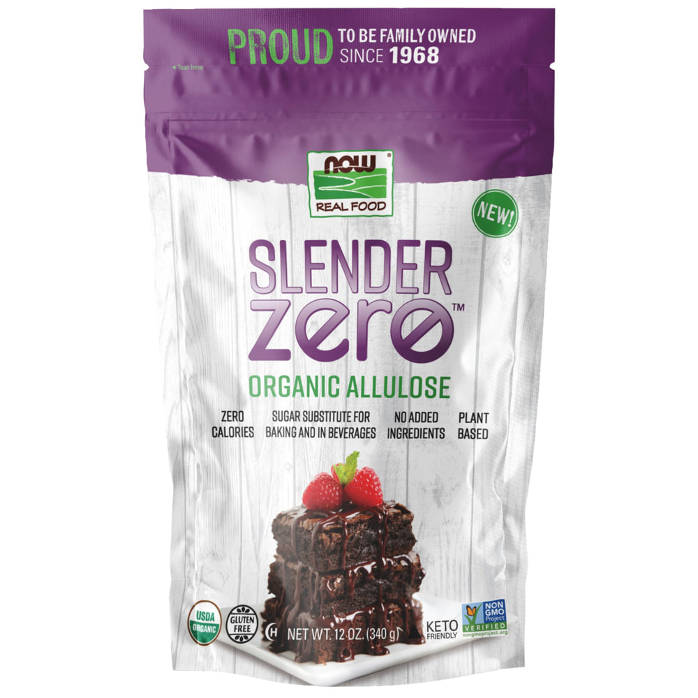 NOW Foods Slender Zero Allulose bottle close-up, zero-calorie sweetness for baking.
