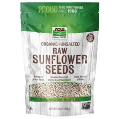 NOW Foods sunflower seeds packaging, organic and non-GMO for healthy snacking.