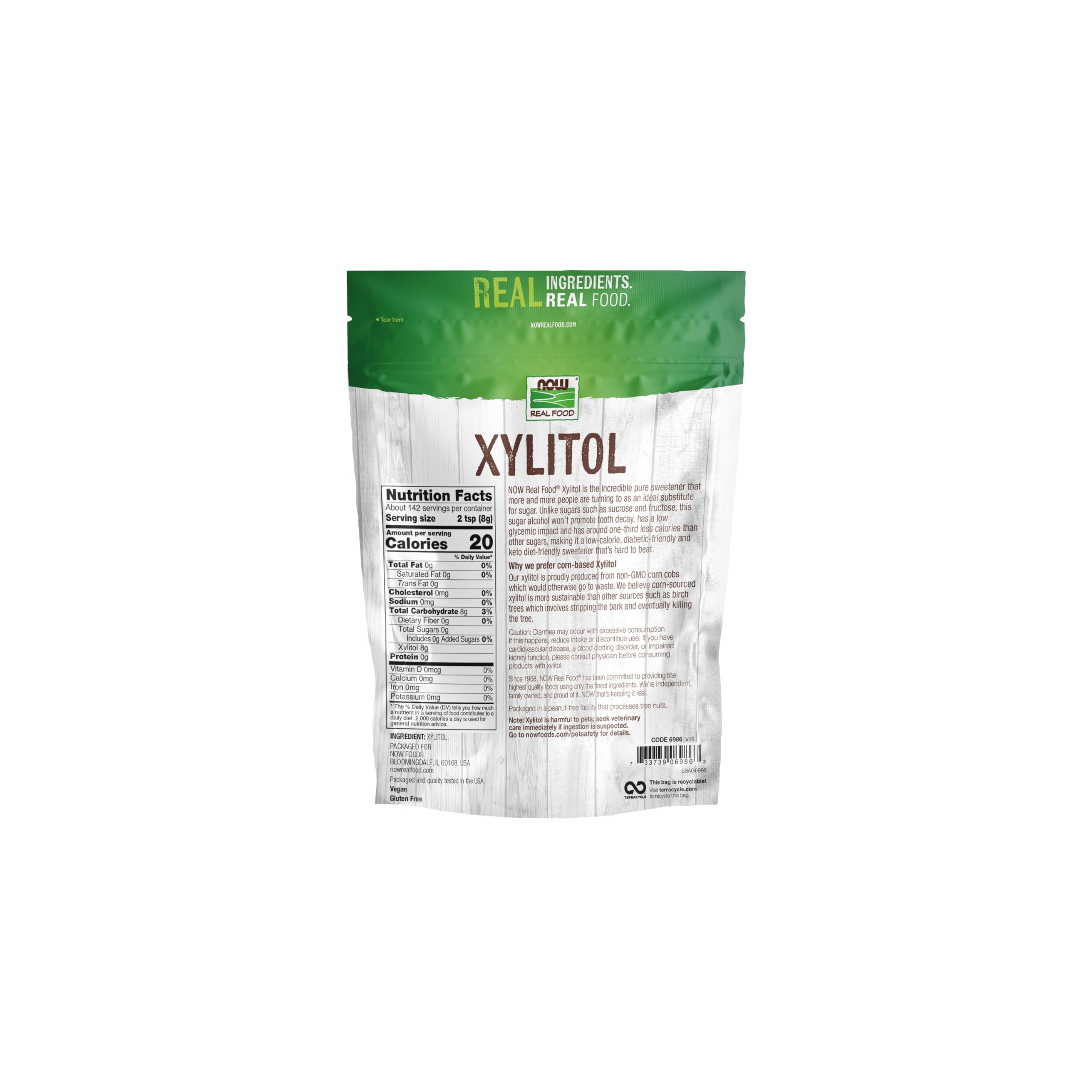 NOW Foods Xylitol pour bottle demonstrates easy measuring for sugar-free beverages.