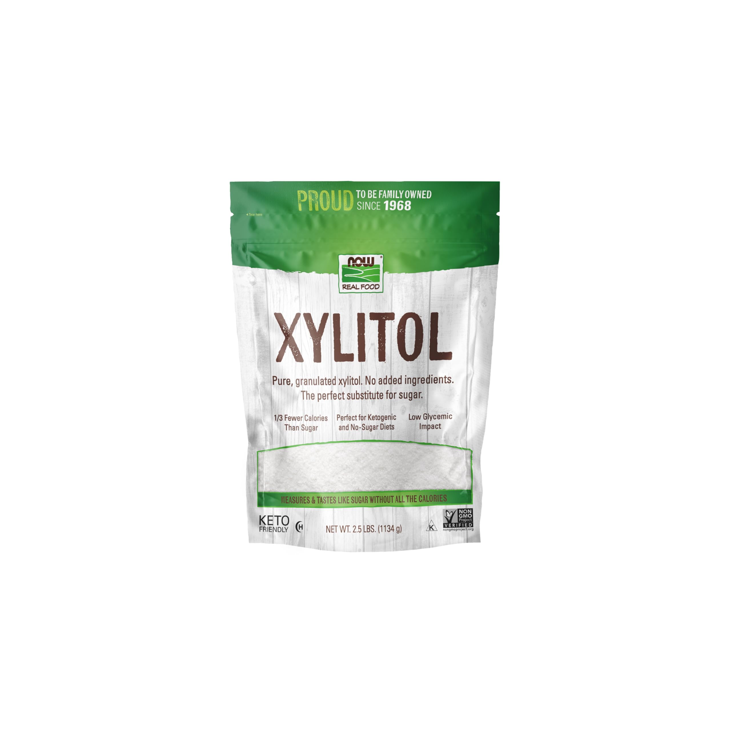 NOW Foods Xylitol pure bottle front shows additive-free sweetness for everyday use.