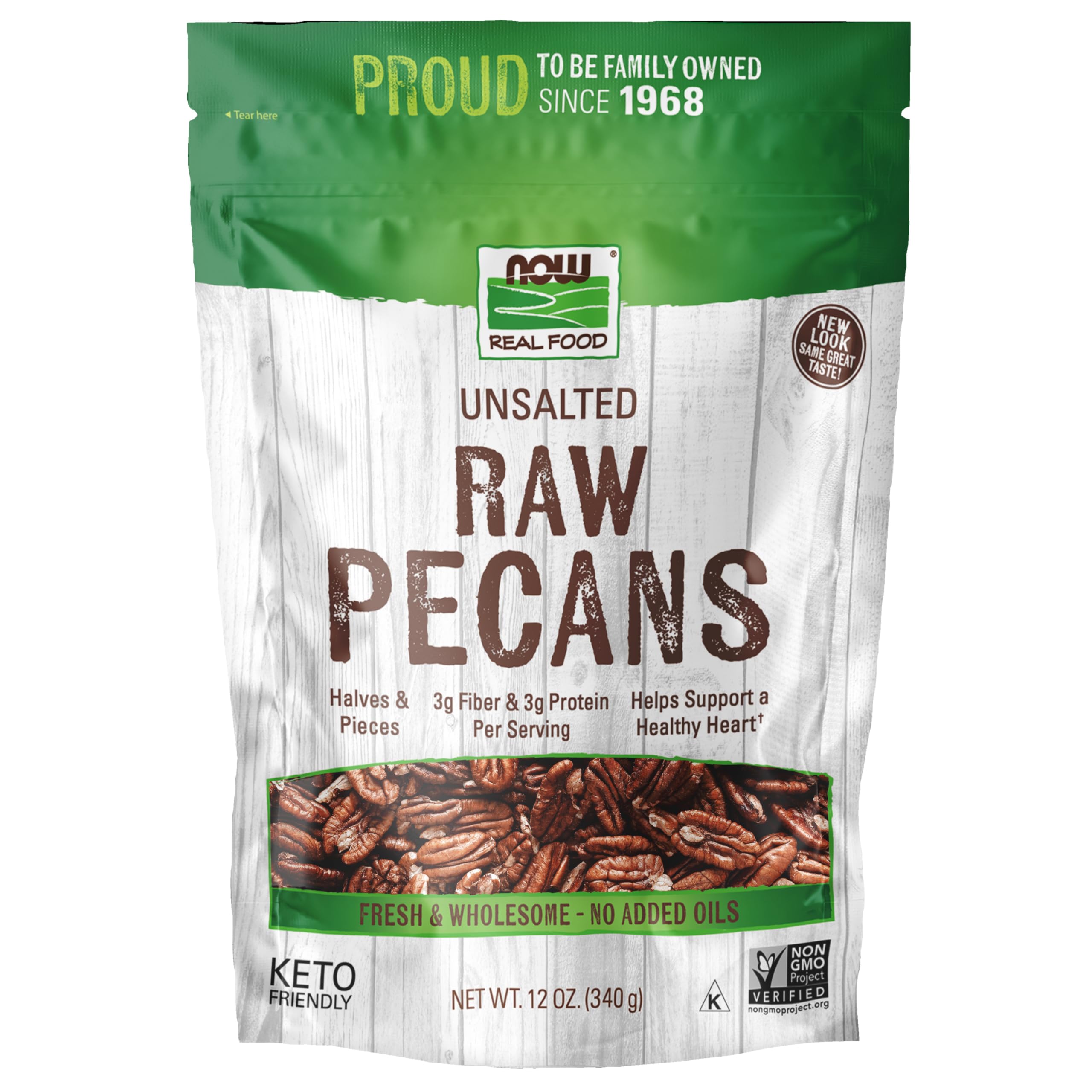 NOW Real Food Pecans in a bag, raw unsalted halves and pieces, high-fiber, protein-rich snack.
