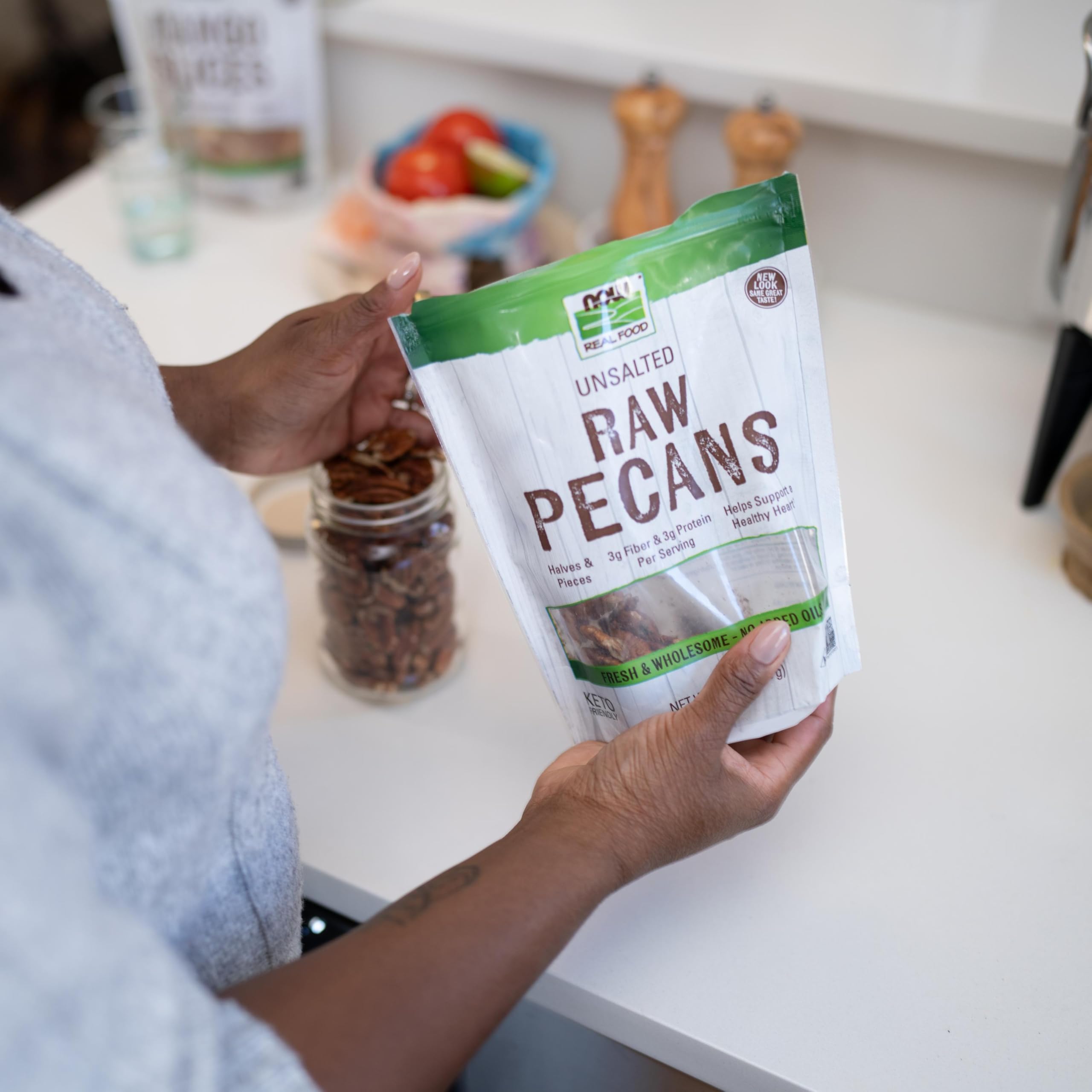 NOW Real Food Pecans, US-grown nuts, naturally unsalted for everyday snacking.
