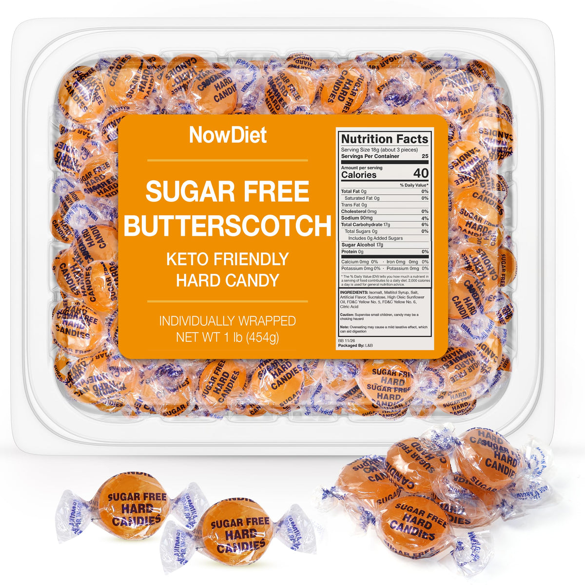 NOWDIET sugar-free butterscotch candy in resealable container for on‑the‑go freshness