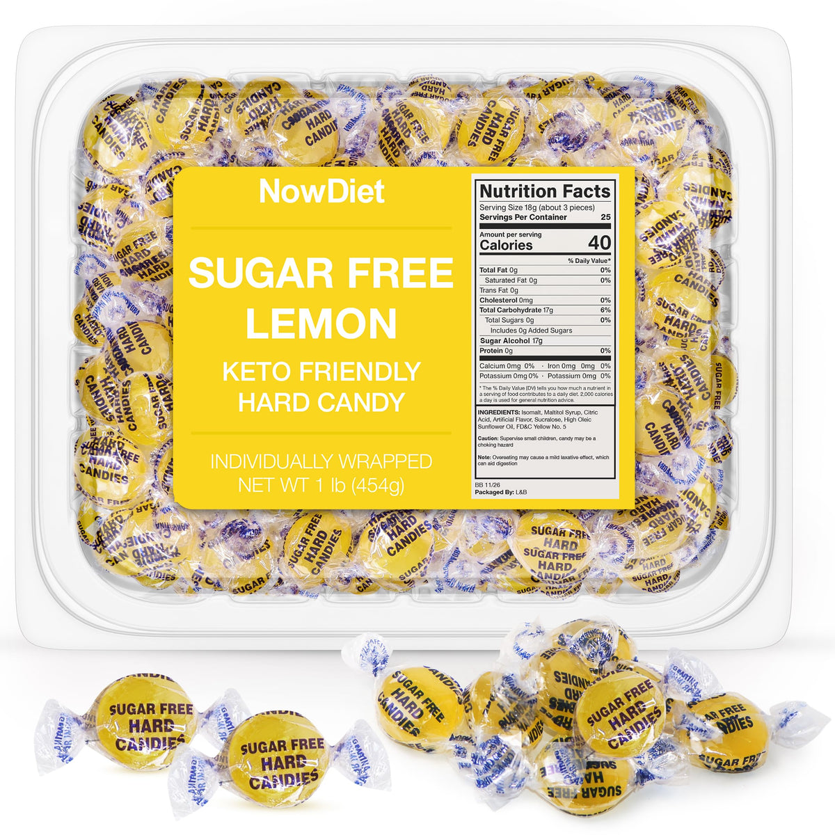 NOWDIET sugar-free lemon drops, individually wrapped for fresh on-the-go snacking.