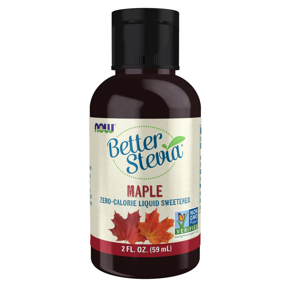 NOW Foods Better Stevia Maple liquid bottle for zero-calorie maple sweetness in beverages