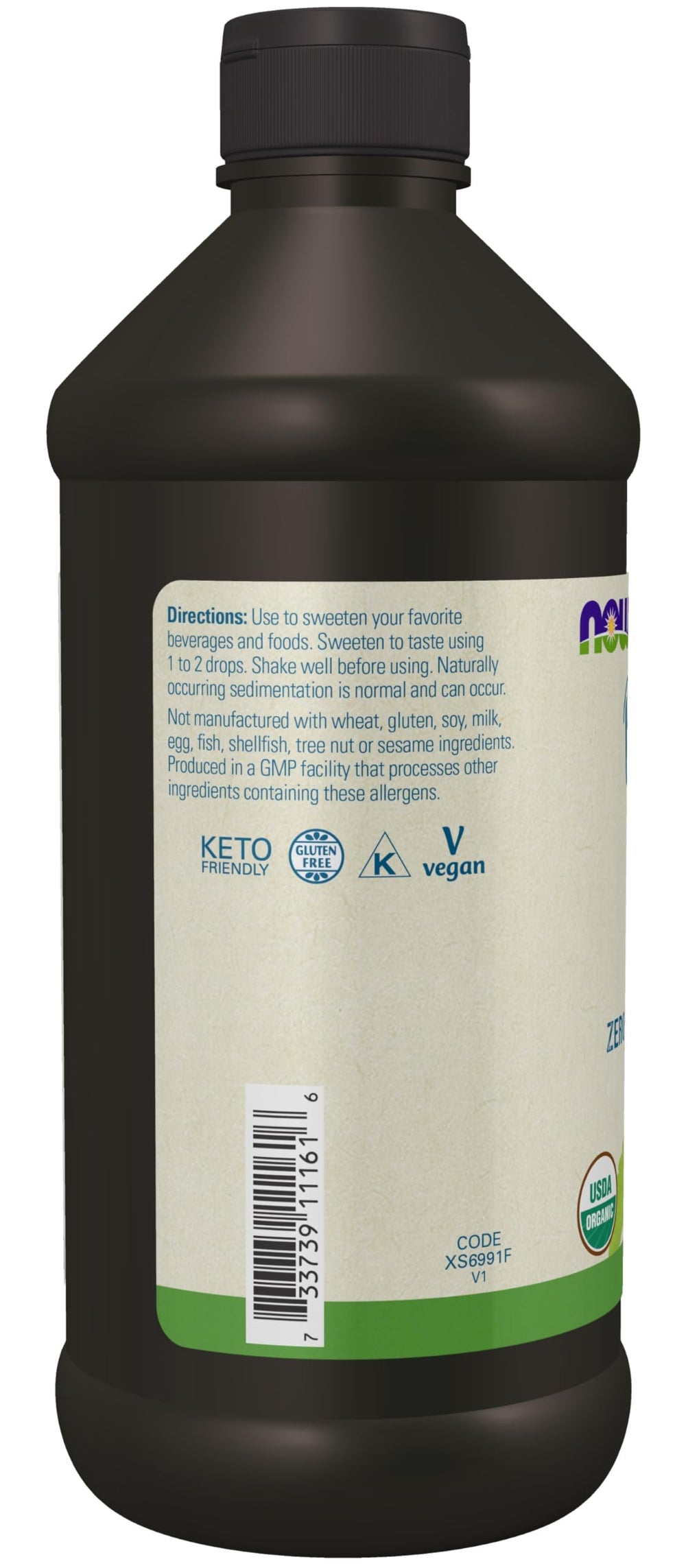 NOW Foods BetterStevia bottle close-up highlighting organic, low-calorie sweetness from stevia