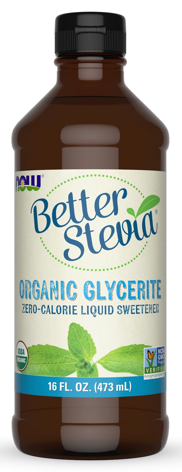 NOW Foods BetterStevia Liquid bottle on a counter, zero-calorie sweetener for beverages.