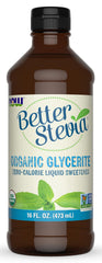 NOW Foods BetterStevia Liquid bottle on a counter, zero-calorie sweetener for beverages.
