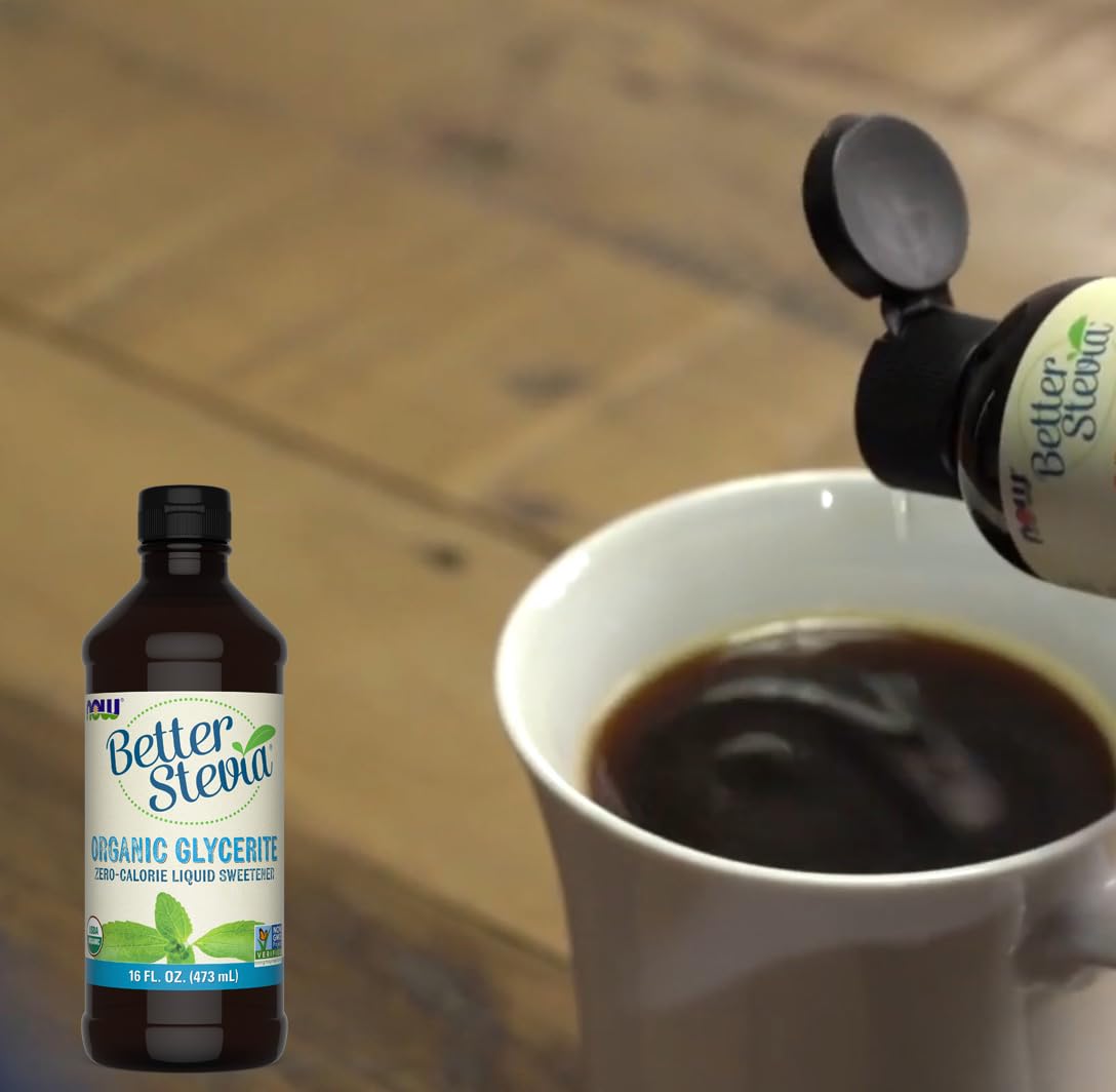 NOW Foods BetterStevia Liquid drops on a spoon, ideal for coffee or oatmeal.