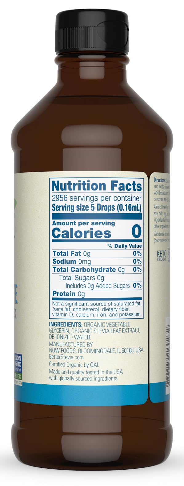 Close-up of NOW Foods BetterStevia Liquid label, organic glycerite base.