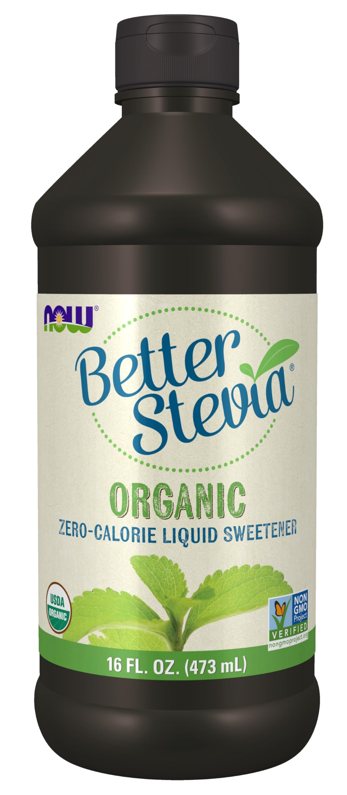 NOW Foods BetterStevia organic liquid sweetener bottle close-up, zero calories for beverages