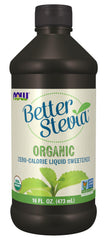 NOW Foods BetterStevia organic liquid sweetener bottle close-up, zero calories for beverages