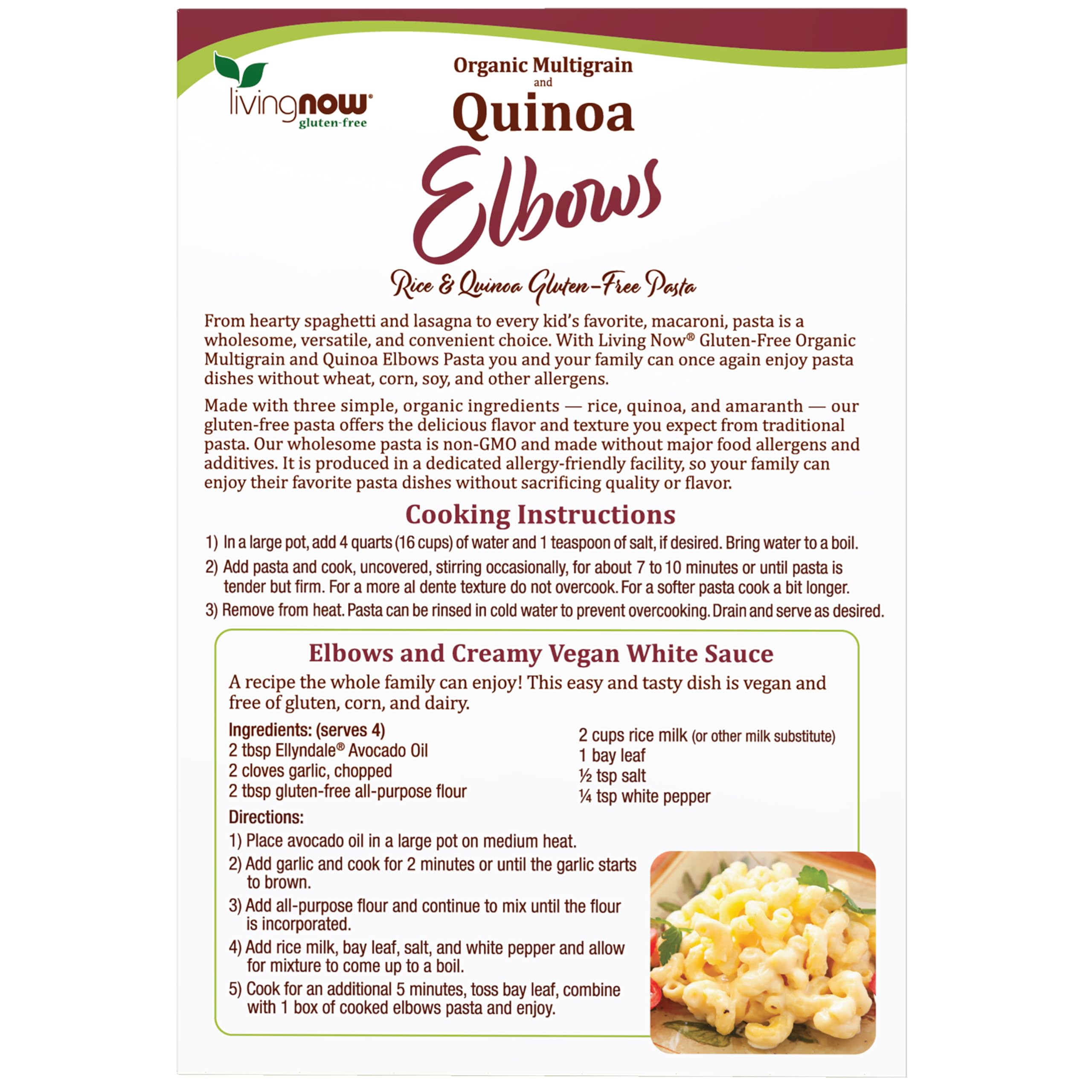 NOW Foods quinoa macaroni ingredients showcase organic, allergen-friendly pasta.