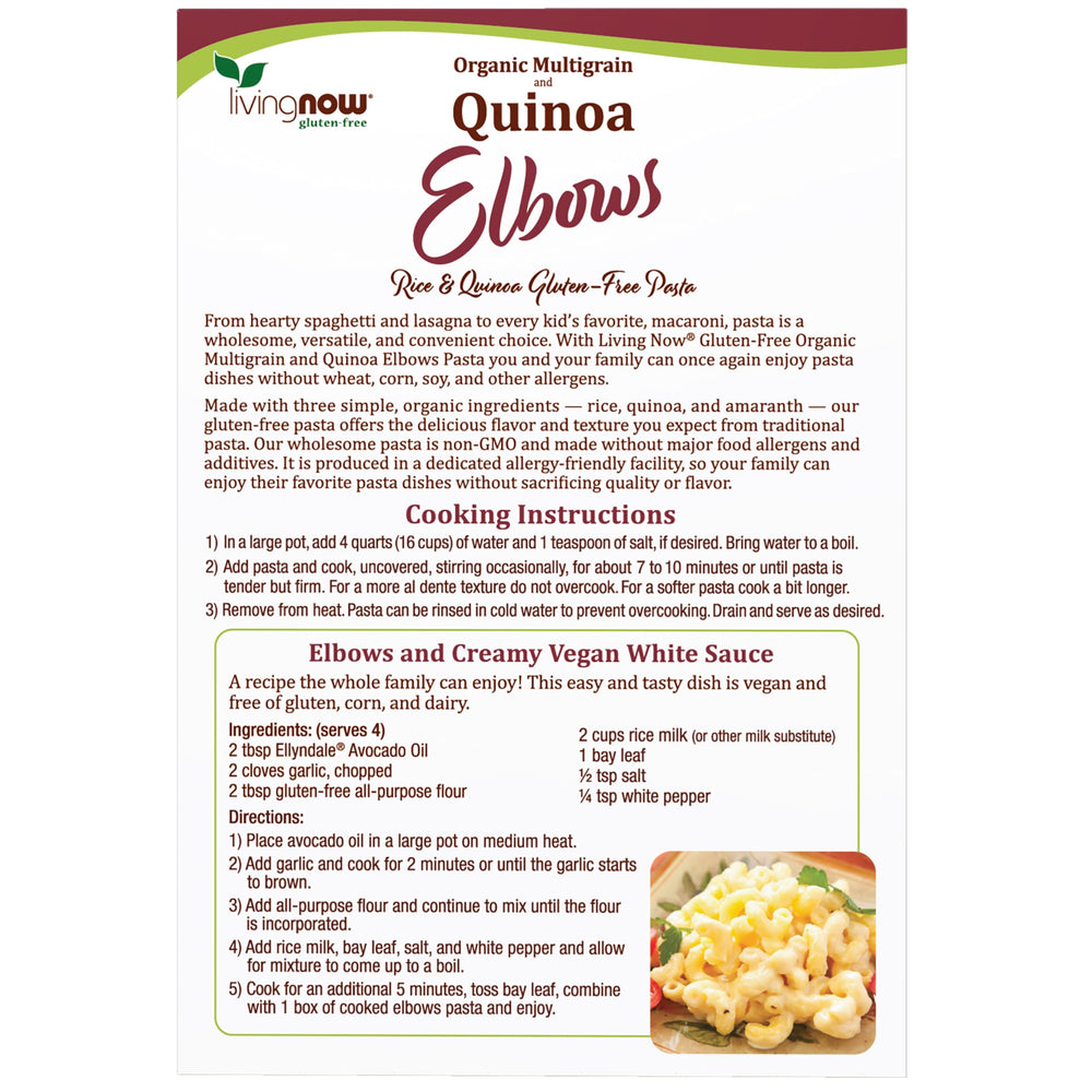 NOW Foods quinoa macaroni ingredients showcase organic, allergen-friendly pasta.