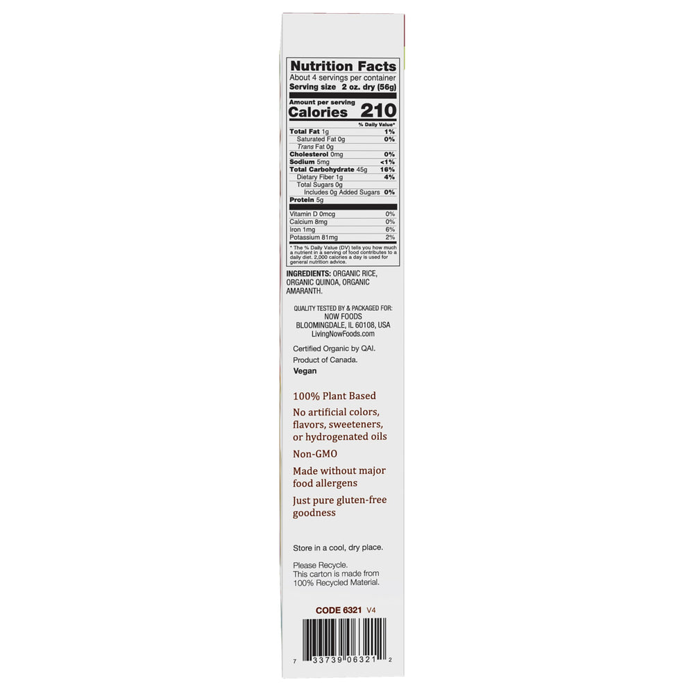 NOW Foods quinoa macaroni package closeup highlights three simple ingredients.