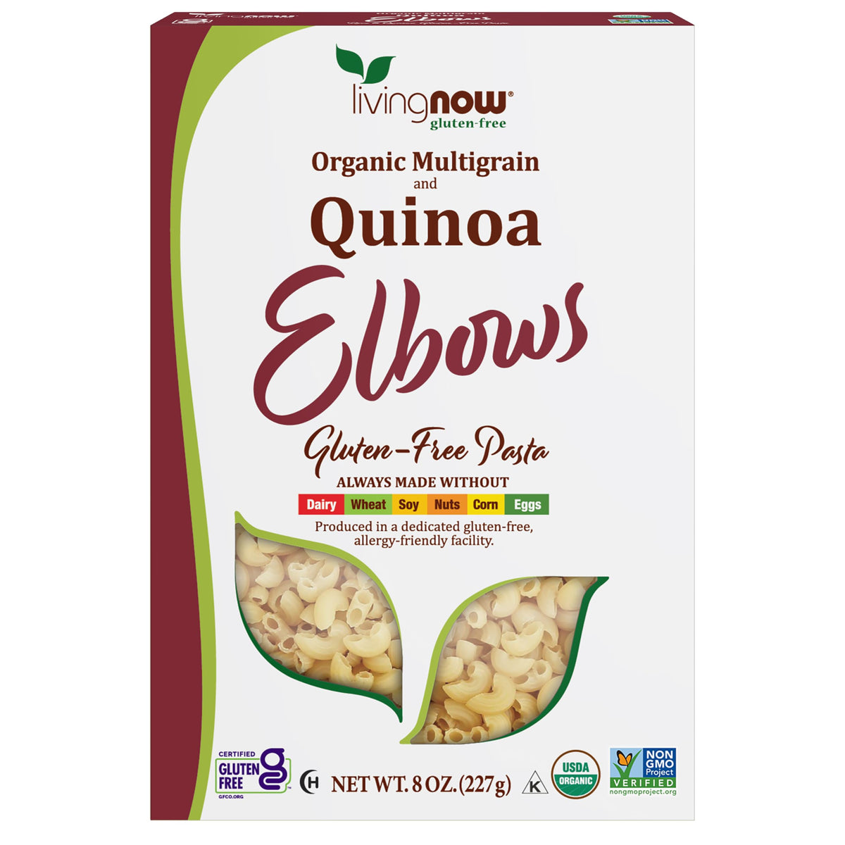 NOW Foods quinoa macaroni packaging shows organic, gluten-free pasta for wholesome meals.