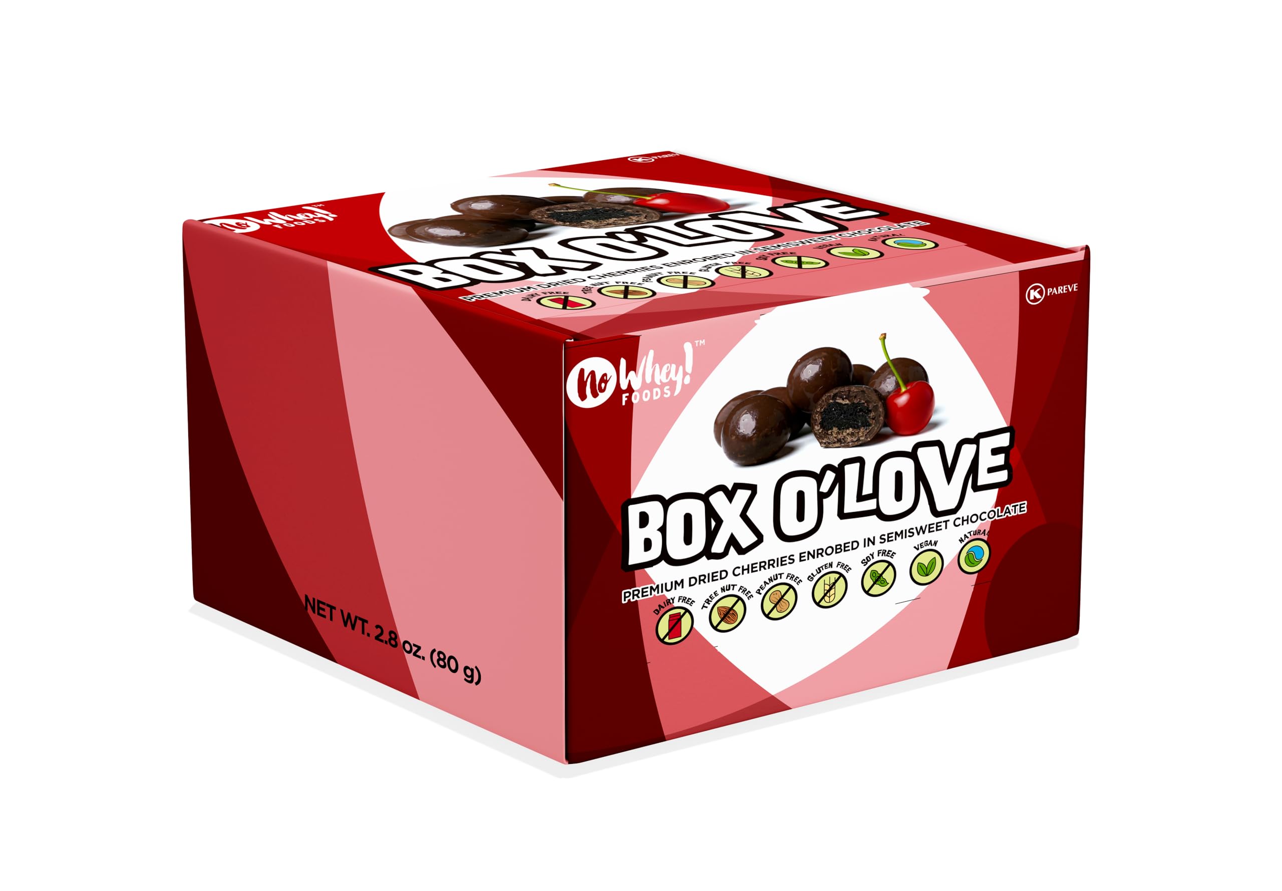 No Whey! Box o’ Love dried cherries enrobed in chocolate offer dairy-free indulgence.