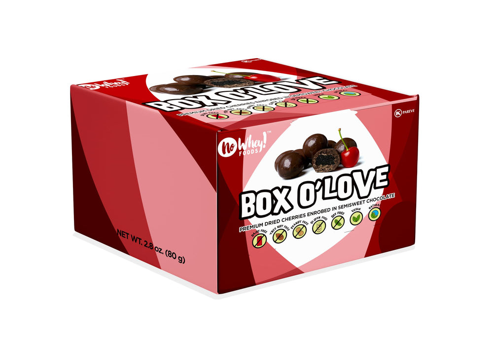 No Whey! Box o’ Love dried cherries enrobed in chocolate offer dairy-free indulgence.