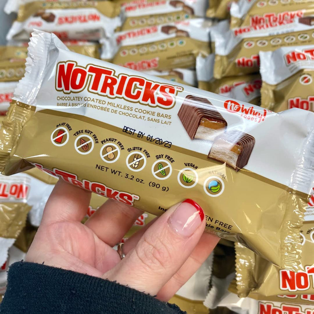 Texture close-up shows creamy caramel bite of No Whey! bars