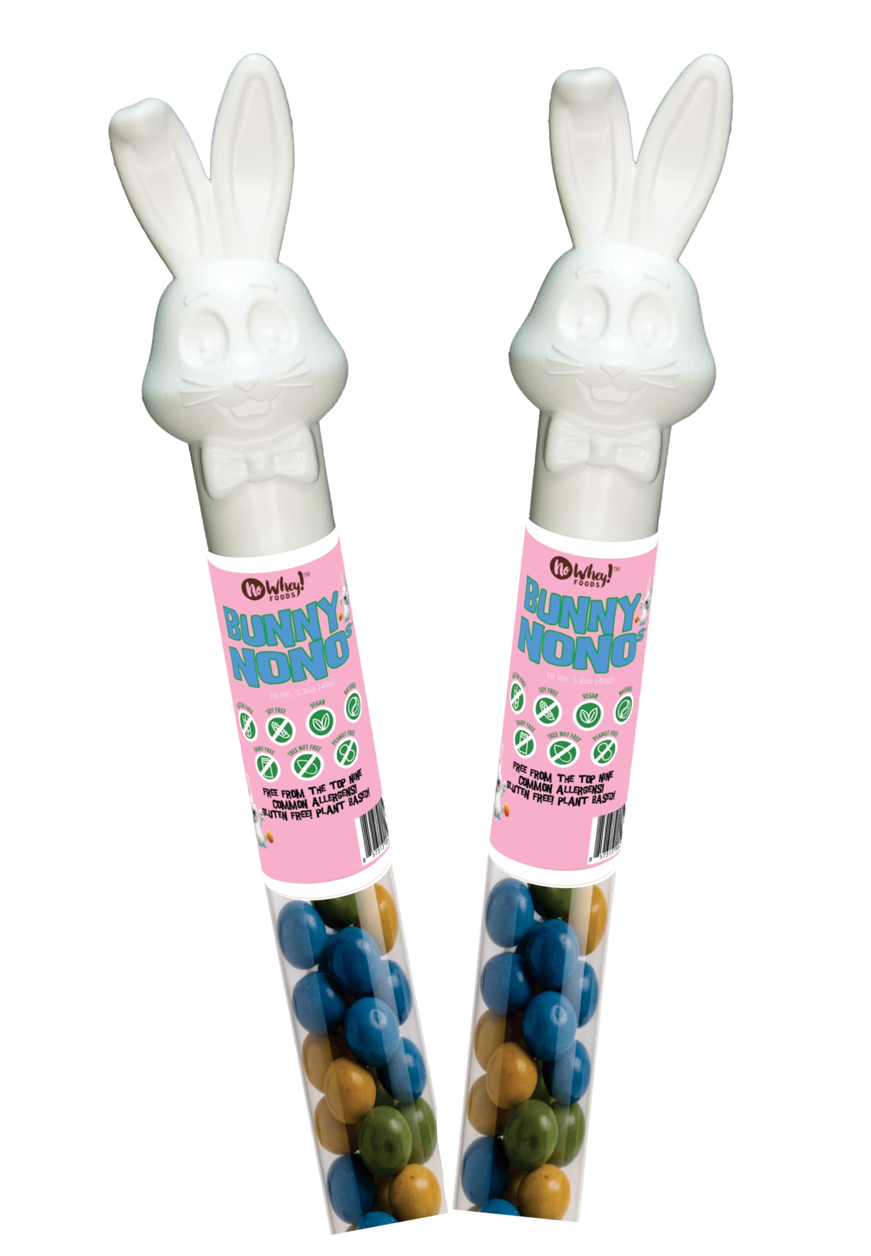 Nowhey vegan bunny-topped tubes for dairy-free Easter joy.