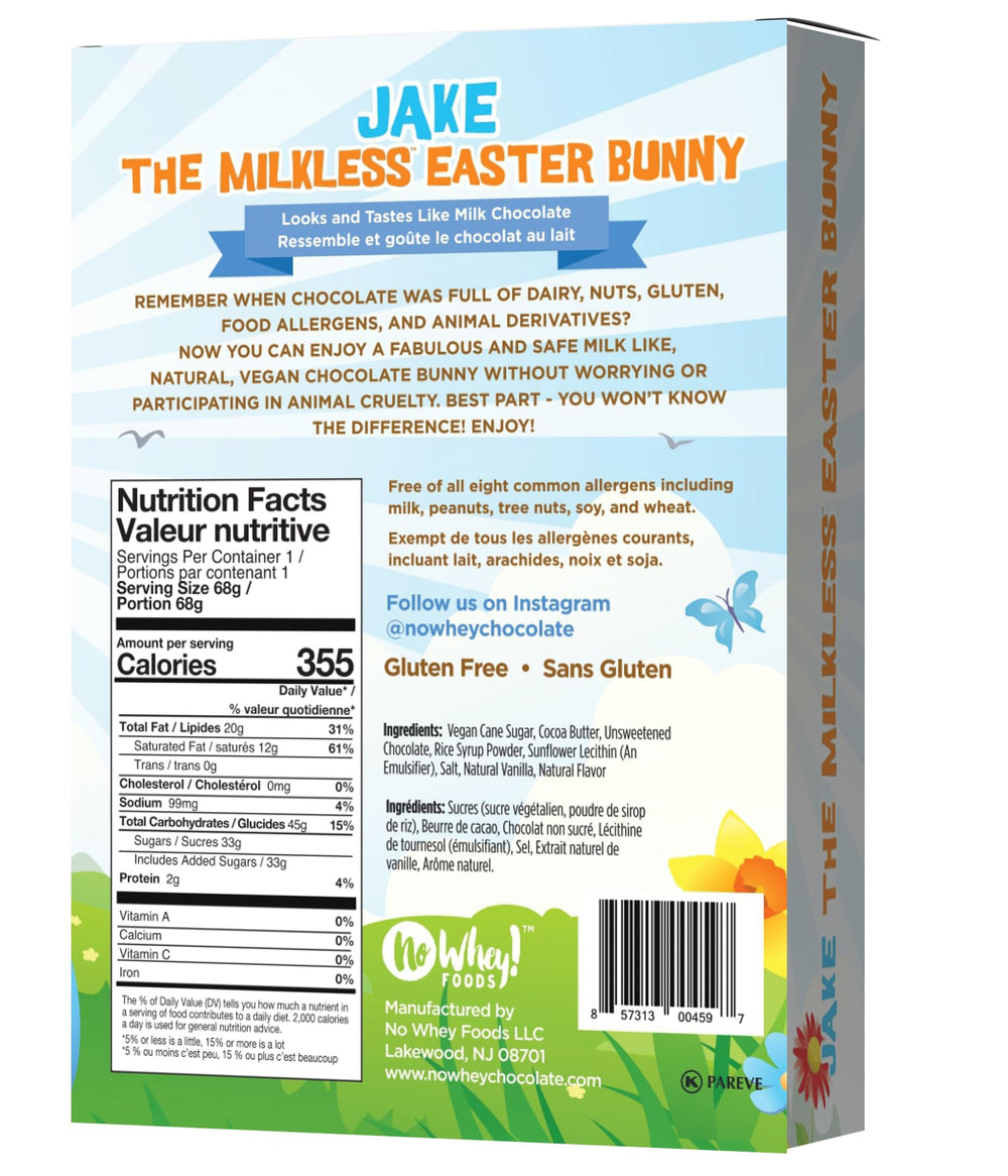 No Whey! Foods Jake milkless bunny displayed in festive Easter packaging.