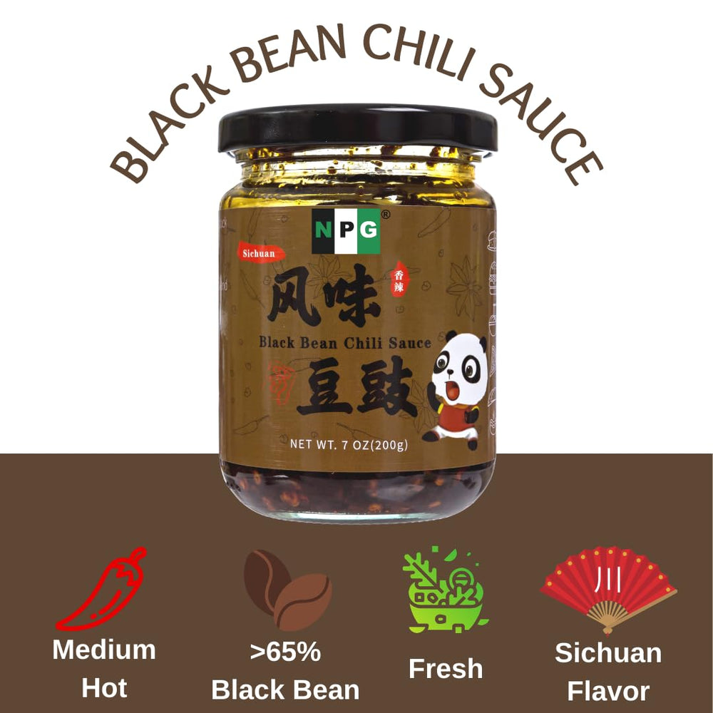 NPG black bean chili sauce being poured for quick flavor boost.