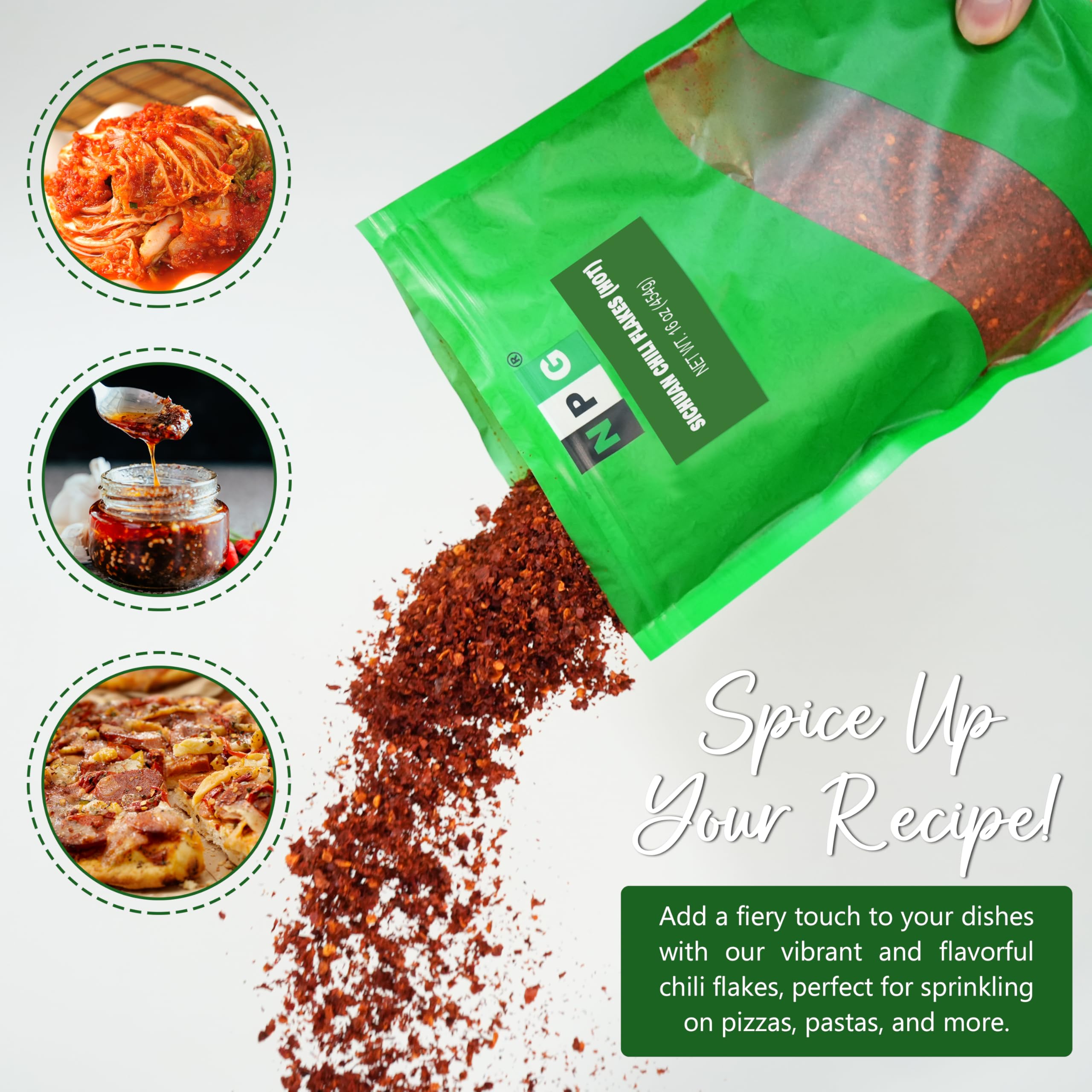 NPG hand-selected chili flakes packed in resealable bag for freshness