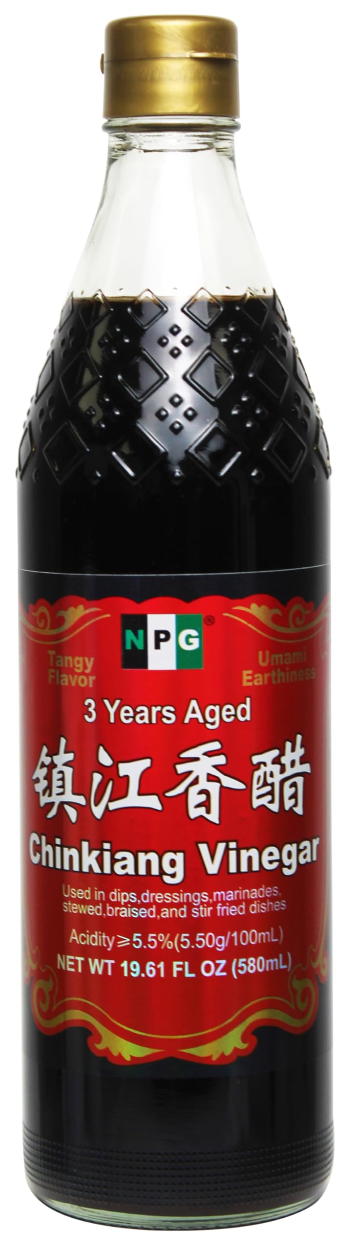 NPG Chinkiang Vinegar 580ml bottle highlights rich umami for sauces.