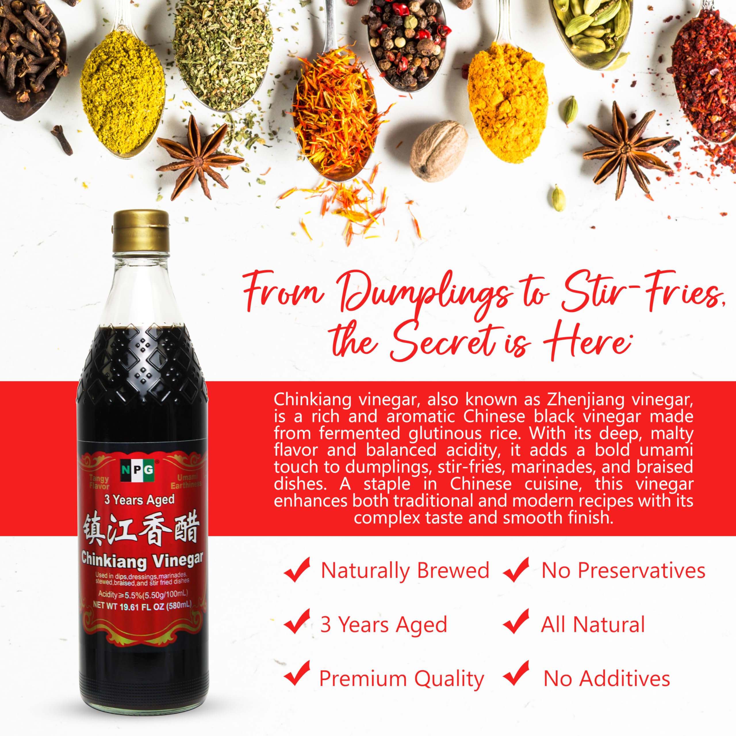 NPG Chinkiang Vinegar used in stir-fries and marinades for depth.