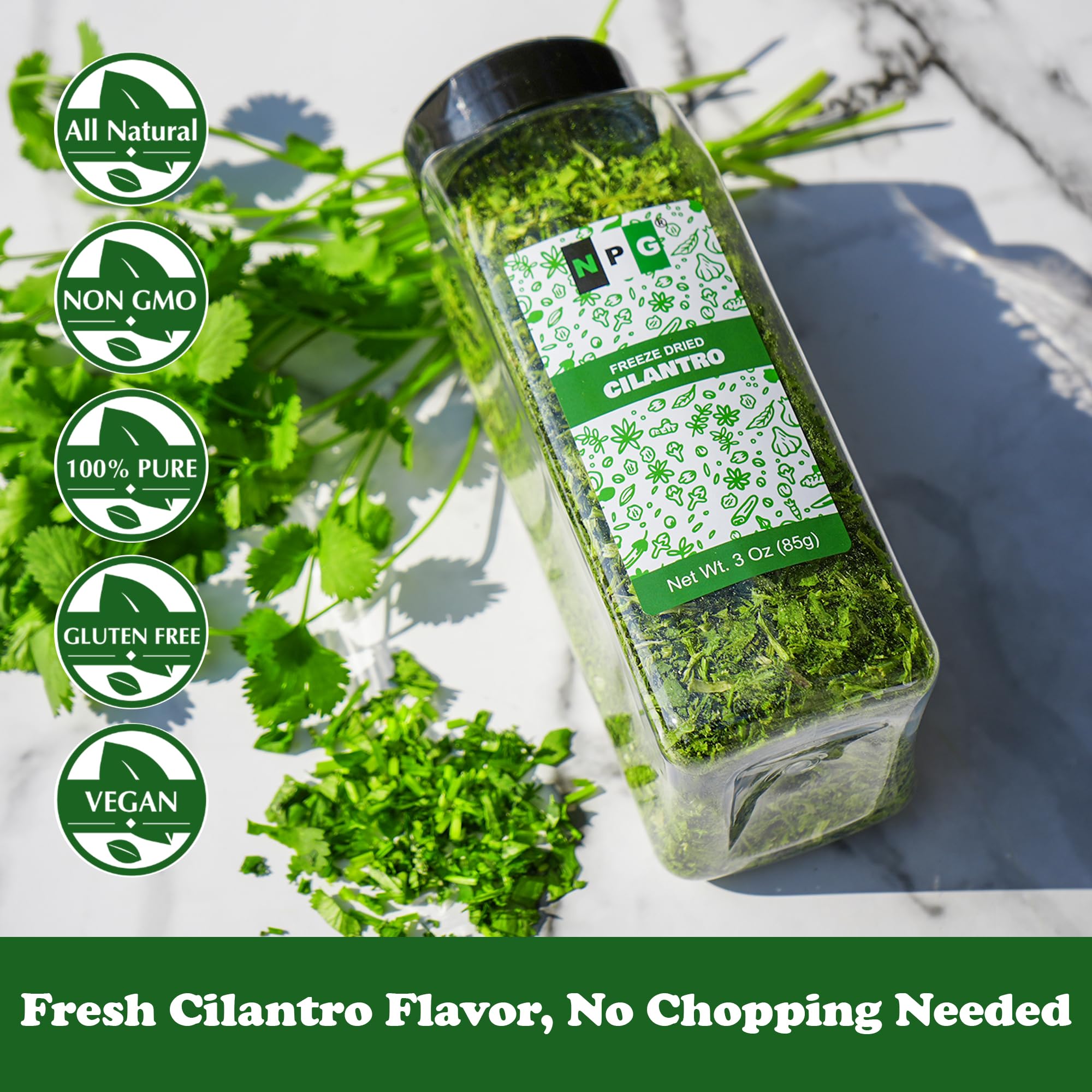 NPG cilantro garnish on guacamole for a fresh finish.